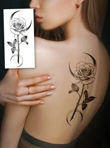 1 vel groot formaat onder de borst dijbeenbanden body art tijdelijke tattoo stickers voor vrouwen, zwarte eenvoudige lijnstijl maanroos bloemenpatroon, waterdichte nep-tatoeage, duurt 2-5 dagen, bedekt littekens, kan worden gebruikt op armen pols schouders benen taille nek hand borst dijen