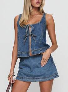 Womens Two Piece Denim Outfits Sleeveless Tie-Up Front Tops And Mini Skirt Set Clubwear - Màu xanh lam - Xem 4