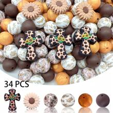 34/86 piezas Set de cuentas de silicona multicolor con formas de margarita, girasol y cruz, manualidades de joyería DIY para hacer llaveros, pulseras, collares, bolígrafos con cuentas
