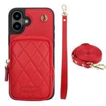 Funda de piel sintética (PU) compatible con iPhone 16, 15, 14, 13, 12, 11, Pro, X, XS, Max, XR, 8, 7 Plus, SE 2020, 2022, con ranuras para tarjetas, cremallera, bandolera y cuerda para el teléfono - Rojo - Ver 24