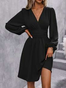 Women's Elegant V-Neck Dress - Waist Pleated Design Skinny Lantern Sleeve Long Sleeve A-Line Dress, Fashionable Versatile And Comfortable Valentines Day Outfit Spring Outfits For Women Festival Outfits For Women Concert Outfit Women Womens Tops Spring Break Outfits Brunch Outfits For Women Valentines Clothes Summer Outfits Dresses For Women Vestidos Elegantes De Mujer - 黑色 - 查看 1
