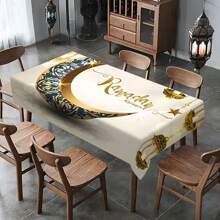 1pc Eid Mubarak Polyester Tablecloth,Exquisite Candle Lantern Patterned Tablecloth,Blue Printed Moon Patterned Tablecloth,Rectangular Machine Washable Tablecloth, Polyester,Ramadan Eid Home Decor, Kareem Celebration Table Cover,Ramadan Gift
