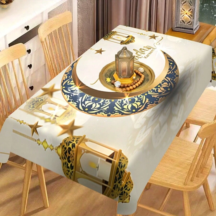 1pc Eid Mubarak Polyester Tablecloth,Exquisite Candle Lantern Patterned Tablecloth,Blue Printed Moon Patterned Tablecloth,Rectangular Machine Washable Tablecloth, Polyester,Ramadan Eid Home Decor, Kareem Celebration Table Cover,Ramadan Gift