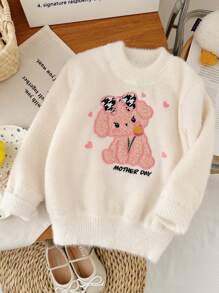 M.Dian xi 2025 Young Girl Cartoon Sweater Top, Girls Round Neck Thermal Lined Thick Faux Cashmere Knit Pullover