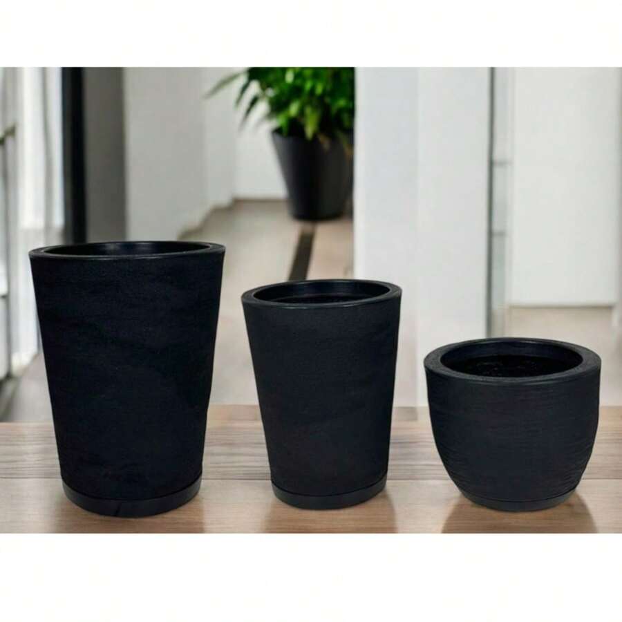 Kit Of 3 Polyethylene Plant Pots S - M - L With Saucer - màu đen - Xem 1