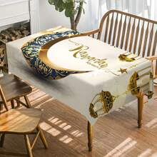 1pc Eid Mubarak Polyester Tablecloth,Exquisite Candle Lantern Patterned Tablecloth,Blue Printed Moon Patterned Tablecloth,Rectangular Machine Washable Tablecloth, Polyester,Ramadan Eid Home Decor, Kareem Celebration Table Cover,Ramadan Gift