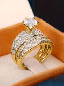 2pcs Gift Box Set - Luxury Cubic Zirconia Engagement Rings, Suitable For Weddings, Parties, Valentine's Day Gifts For Her - Gold - View 2