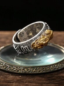 复古心经貔貅戒指男士个性威武六字诀金蝉开口戒仿泰银男戒