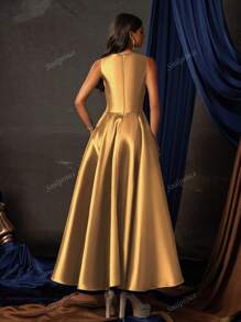 Smilprince Elegante vestido de satén midi con lazo en la cintura y corte en A sin mangas en color dorado para mujer, vestido de cóctel formal, vestido de noche formal, vestido de fiesta, vestido para invitada de boda