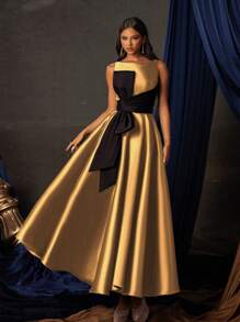 Smilprince Elegant Gold Sleeveless Bow Waist A-Line Satin Midi Dress, Women's Formal Cocktail, Evening, Party, Wedding Guest Dress - Gold - View 7