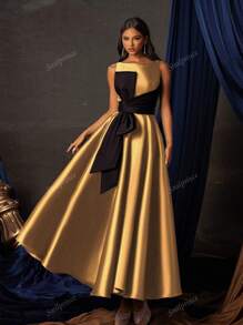 Smilprince Elegante vestido de satén midi con lazo en la cintura y corte en A sin mangas en color dorado para mujer, vestido de cóctel formal, vestido de noche formal, vestido de fiesta, vestido para invitada de boda