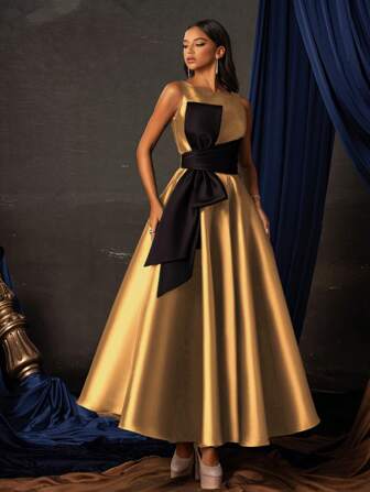 Smilprince 优雅金色无袖蝴蝶结腰 A 字型缎面中长礼服，女士正式鸡尾酒会礼服，正式晚礼服，派对礼服，婚礼宾客礼服