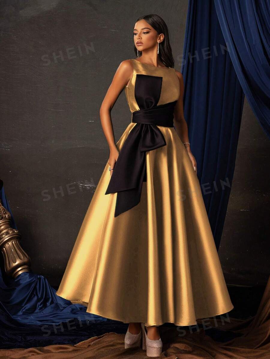 Smilprince Elegante vestido de satén midi con lazo en la cintura y corte en A sin mangas en color dorado para mujer, vestido de cóctel formal, vestido de noche formal, vestido de fiesta, vestido para invitada de boda