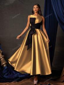 Smilprince Elegante vestido de satén midi con lazo en la cintura y corte en A sin mangas en color dorado para mujer, vestido de cóctel formal, vestido de noche formal, vestido de fiesta, vestido para invitada de boda