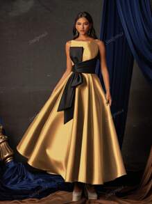 Smilprince Elegante vestido de satén midi con lazo en la cintura y corte en A sin mangas en color dorado para mujer, vestido de cóctel formal, vestido de noche formal, vestido de fiesta, vestido para invitada de boda