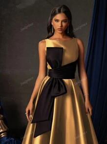 Smilprince Elegante vestido de satén midi con lazo en la cintura y corte en A sin mangas en color dorado para mujer, vestido de cóctel formal, vestido de noche formal, vestido de fiesta, vestido para invitada de boda