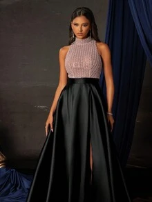 优雅撞色亮片黑色高开衩及地正式晚礼服、派对礼服、婚礼宾客礼服、长袍 - 黑色 - 查看 8