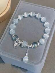 1pc Elegant Gray Butterfly Decor Bracelet With Lovely Glass Cat Eye Moonstone, Best Gift Choice For Girls (Slight Color Difference May Exist Between Actual Product And Image Due To Lighting And Angle During Photography)