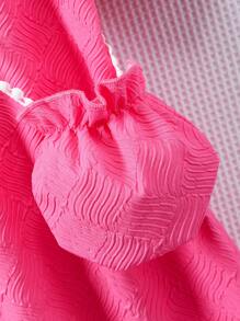 Young Girl Short Sleeve Round Neck Plain Color Embossed Mesh Splice Dress With Bag, Summer - Hot Pink - View 6