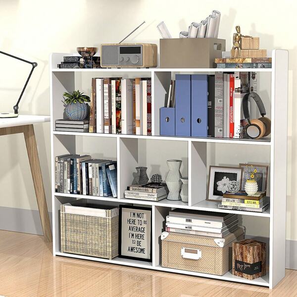 OYAJIA ✨4-Tier Modern 7 Cube Bookshelf - Sturdy Wooden Freestanding Bookcase With Open Shelves | Multi-Functional Display Storage Unit For Living Room, Bedroom, Office | Space-Saving White Shelving (Easy Assembly)