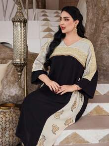 Đầm Ramadan truyền thống thanh lịch thêu và in họa tiết kiểu Ả Rập dành cho nữ năm 2026, có thắt lưng, cổ chữ V, phối màu đen, thích hợp cho mùa xuân/hè. - màu đen - Xem 9