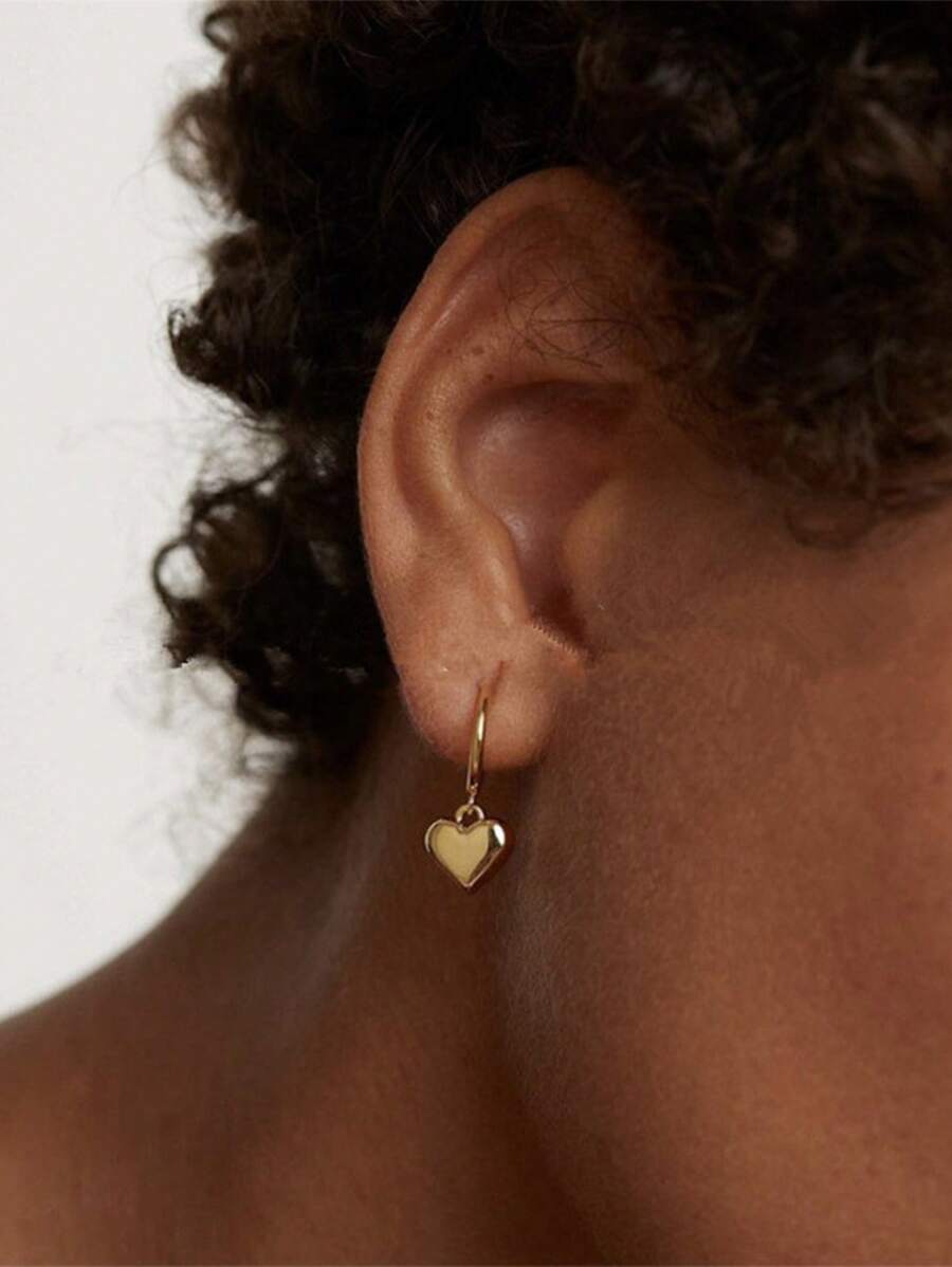 一对不锈钢防水不褪色简约时尚金色软心形耳环，女友/情人节礼物，适合日常佩戴 - 金色 - 查看 1