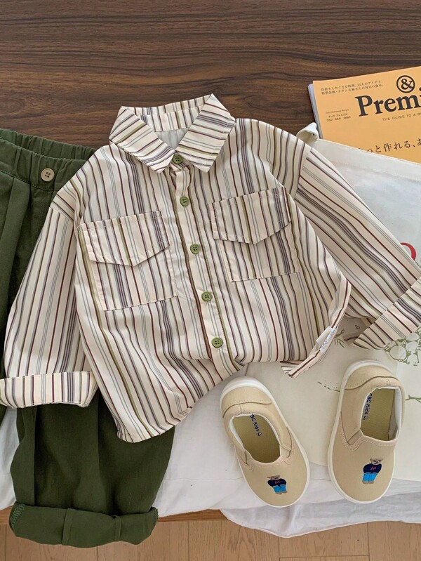 Spring New Boys Vertical Striped Pocket Shirt, Fresh & Top