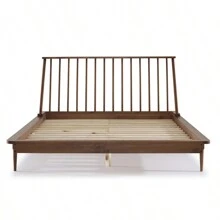 Mid-Century Modern Solid Wood Queen Platform Bed Frame With Spindle Headboard - Caramel
