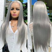 13X4 Silver Grey Wig Straight Synthetic Lace Front Wig Natural Long Gray Colored Hair Lace Frontal Wigs For Women Daily Party - 銀灰 - 查看 3