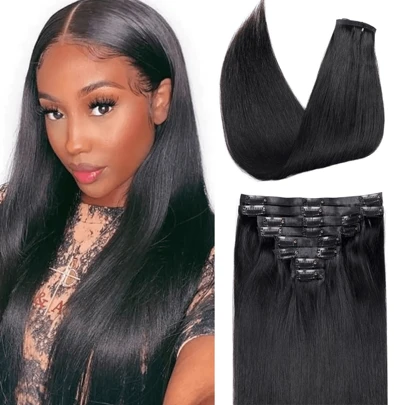 Straight Human Hair Clip In Hair Extensions For Women Unprocessed Full Head Brazilian Virgin Hair Natural Black/427 Color,8/Pcs With 18Clips, (24inch, Straight Hair)