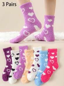 3 Pairs Assorted Color Women Crew Socks, Heart Pattern, Versatile Mid-Calf Socks, Suitable For Couples, Sleeping, Indoor, Outdoor, Parties, Y2K, Goth, Back To School, Soft, Comfortable, Thick, Breathable Coral Fleece Socks