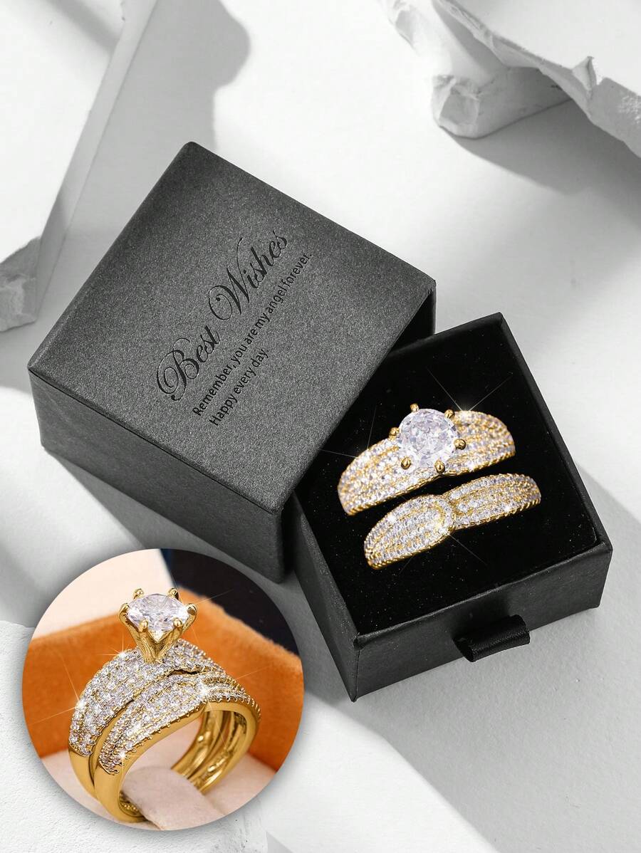 2pcs Gift Box Set - Luxury Cubic Zirconia Engagement Rings, Suitable For Weddings, Parties, Valentine's Day Gifts For Her - Gold - View 1