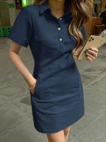 New Arrival Spring/Summer Fashionable Minimalist Elegant Lapel Single-Breasted Fitted Short Dress - Navy Blue - View 6