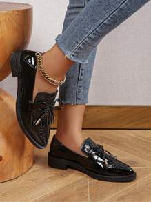 Giày lười đế bằng họa tiết nơ cá sấu đen dành cho nữ, thiết kế mũi nhọn thanh lịch phù hợp để mặc ngoài trời - màu đen - Xem 6