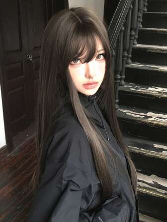 alicegarden 1pc 24-Inch Long Straight Synthetic Heat-Resistant Wig, Natural Black Color With Bangs, Fiber Material, Suitable For Everyday Wear, Natural-Looking