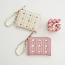 Carteira Feminina Simples de Dobra Dupla Estilosa e Fofa, com Bordado, Compartimento para Moedas e Cartões, Atacado Dia dos Namorados para Mulheres, Carteira, Bolsa, Carteira Pequena