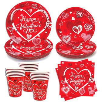 24pcs Red Paper Plates Cups Napkins, Valentines Day Party Plates, Heart Love Plates, Disposable Cake Dessert Dinner Plates, Tableware Dinnerware Set Supplies For Wedding Engagements Anniversary Daily Birthday Holiday Picnic For School Office Home