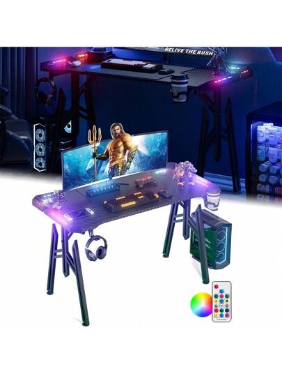 LILIIN Gaming Computer Bureau Carbon Fiber Surface Stable, M/Z/X Frame, 120cm/140cm/160cm, LED/ out LED, Tafel Ergonomic, Cup Holder Headphone Hook, view 2