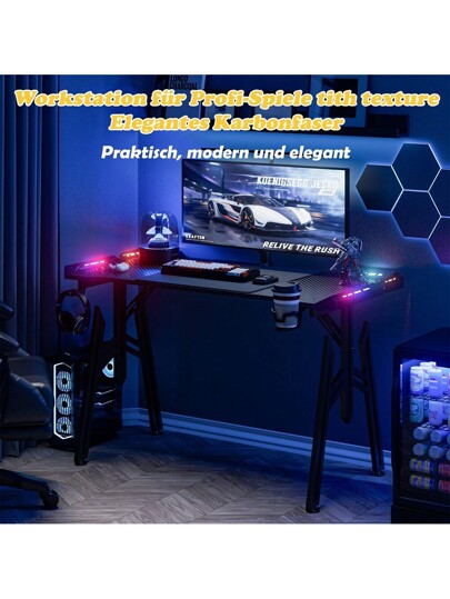 LILIIN Gaming Computer Bureau Carbon Fiber Surface Stable, M/Z/X Frame, 120cm/140cm/160cm, LED/ out LED, Tafel Ergonomic, Cup Holder Headphone Hook, view 3