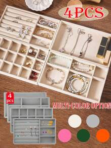 4 件/套天鹅绒珠宝托盘、珠宝展示托盘、珠宝收纳托盘、珠宝整理托盘、化妆品整理盒、化妆品展示托盘、时尚珠宝展示托盘、纯色珠宝托盘、可堆叠珠宝托盘、多隔间珠宝托盘、项链展示托盘、戒指收纳托盘、口红整理托盘，适用于梳妆台、珠宝展示架、卧室、珠宝参展商、珠宝整理器、珠宝整理器、化妆品收纳、化妆品展示