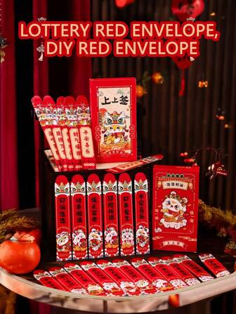 12pcs/Set 2025 Year Of The Snake Creative Lion Dance Chinese Red Packets, Suitable For Lunar New Year, Cartoon Envelopes And Year Of The Snake Lottery Red Packets, New Year Red Packet Bags, Suitable For Giving To Relatives And Friends During Spring Festival Engagement Wedding Parties And Gatherings.