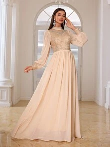 YISIKADO 女士优雅奢华亮片网眼水钻立领长袖雪纺礼服、婚礼宾客礼服、派对礼服、晚礼服、长袍