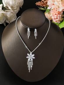 2 piezas Conjunto de joyería floral de lujo y hermoso con zirconia - Conjunto de collar, aretes y caja de regalo para San Valentín, boda y fiesta - Multicolor - Ver 2