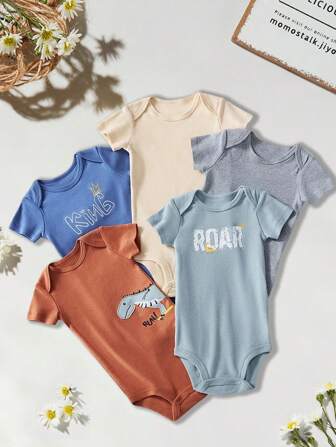 OIPOIG 5件套男婴夏季休闲舒适运动可爱时尚100%纯棉简约字母恐龙刺绣短袖连体衣套装