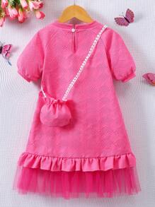 Young Girl Short Sleeve Round Neck Plain Color Embossed Mesh Splice Dress With Bag, Summer - Hot Pink - View 2