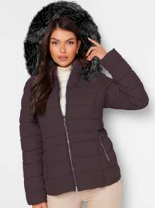 Shendy Vendy Women's Warm Polyester Jacket With Fur Collar - Coffee 1 - View 3
