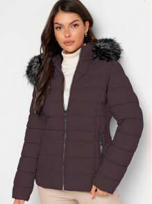 Shendy Vendy Women's Warm Polyester Jacket With Fur Collar - Coffee 1 - View 2
