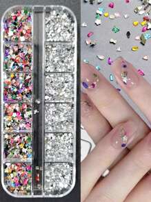 1 Box Mini Rhinestone Shiny Sequin Flat Diamond Nail Art Accessories, 12 Compartments/Box, 14 Colors, Y2K 3D Bow, Star, Butterfly, Heart Mixed Asymmetric Shape Mini Nail Gems, Glitter DIY Supplies, Suitable For Hand And Foot Nail Decoration - Multicolor - View 5