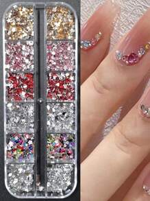 1 Box Mini Rhinestone Shiny Sequin Flat Diamond Nail Art Accessories, 12 Compartments/Box, 14 Colors, Y2K 3D Bow, Star, Butterfly, Heart Mixed Asymmetric Shape Mini Nail Gems, Glitter DIY Supplies, Suitable For Hand And Foot Nail Decoration - Multicolor - View 3