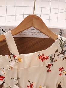 Retro Print Asymmetrical Shoulder Short Sleeve Dress For Tween Girl, Summer - Pink - View 3